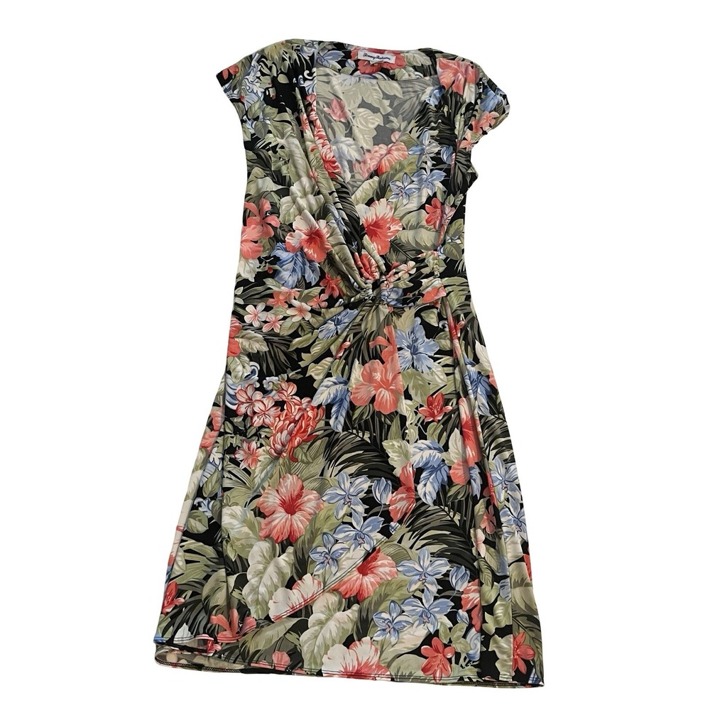 Tommy Bahama Women's Size M Floral Wrap Dress Knee Length Cap Sleeve Pink Blue